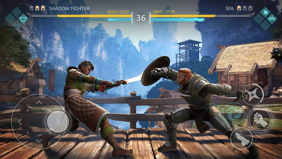 A fighter blocking with a shield in Shadow Fight Arena