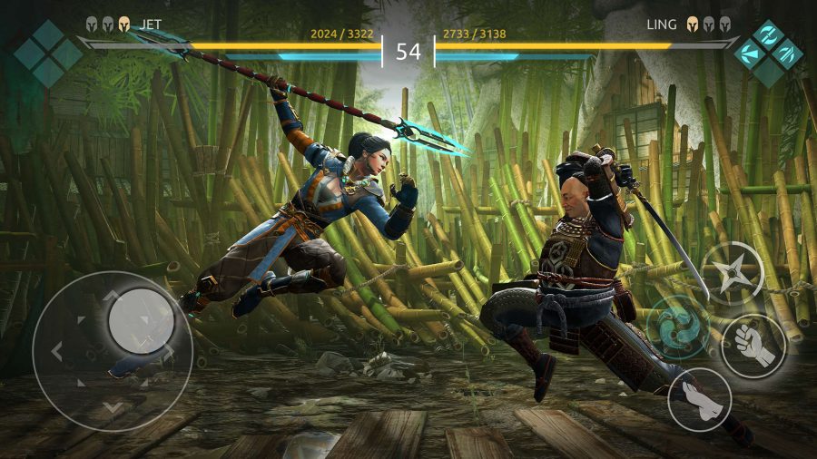 A warrior fighting with a spear in Shadow Fight Arena
