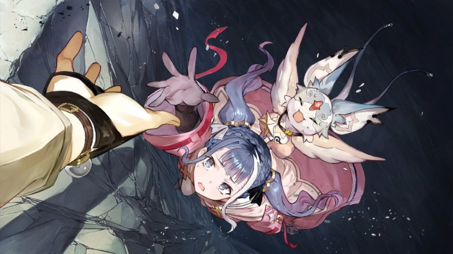An anime girl falling off a cliff being saved by a flying creature