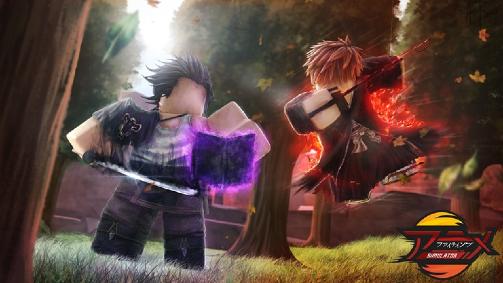 Two sword-wielding characters fight in a forest in Anime Fighting Simulator