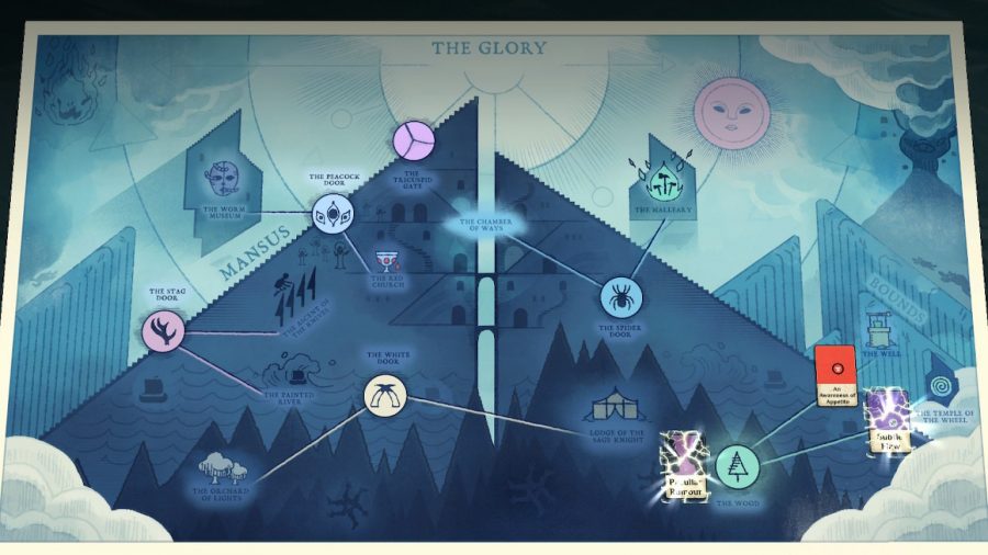 A map of the woods in Cultist Simulator filled with arcane symbols and markers