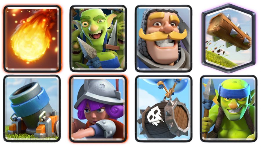 A Clash Royale decks with mortars, goblins, knights, musketeers, and skeleton barrels