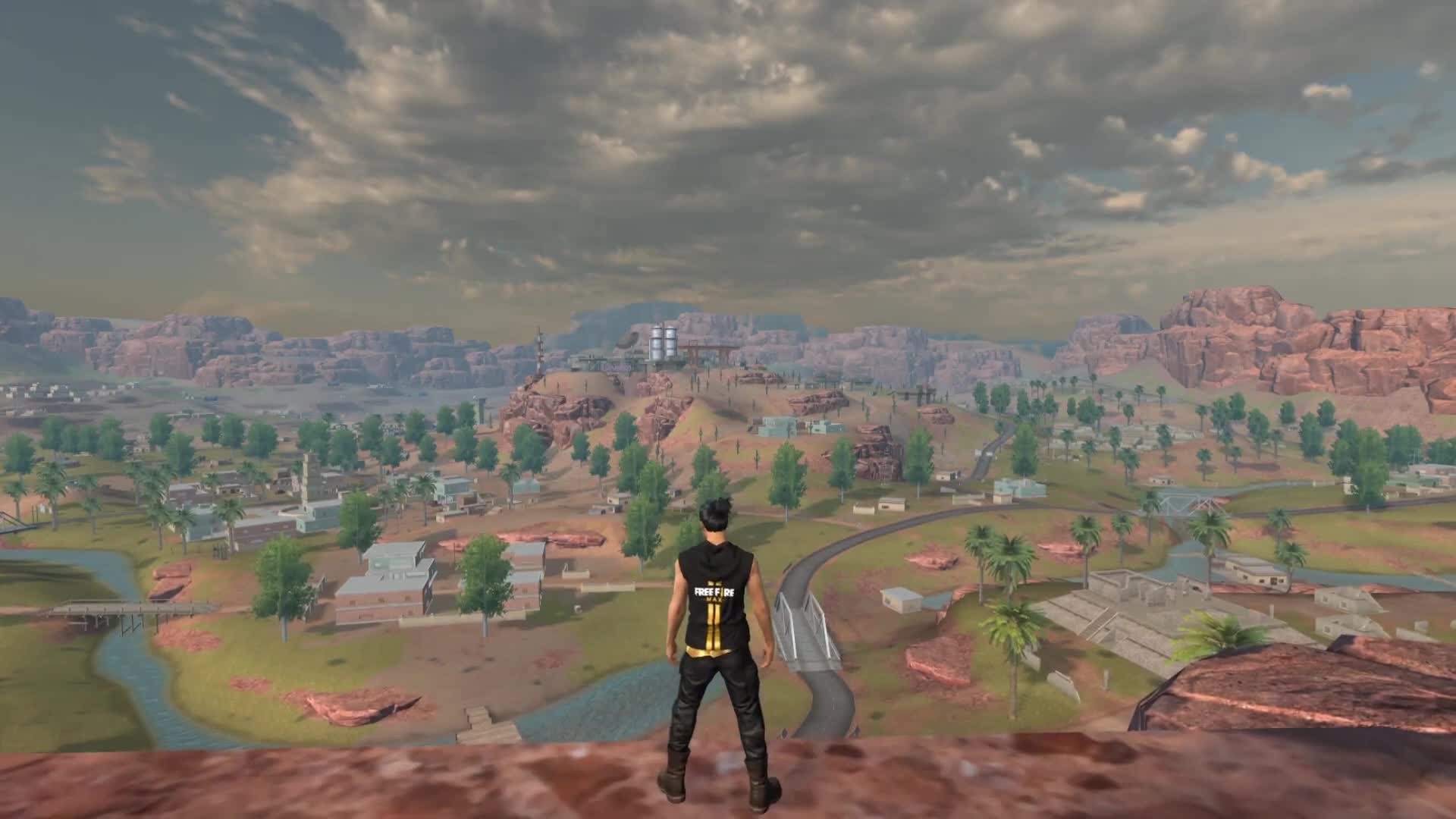 A Garena Free Fire character looking out over a large town