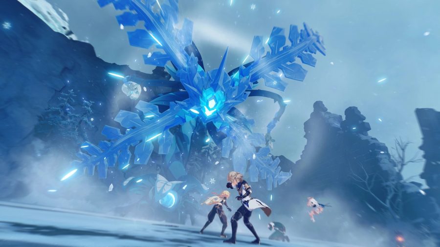 Genshin Impact's Albedo and three others fighting against a crystal monster in the snow