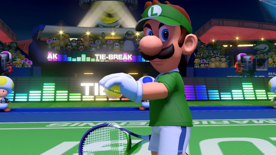 Luigi looking disgruntled in Mario Tennis Aces