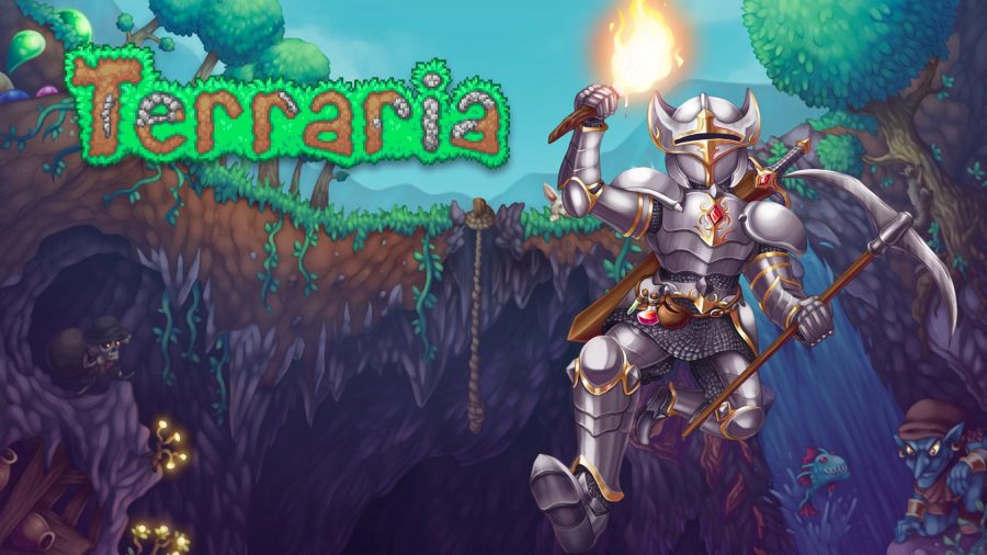 A screenshot of a player in battle wearing Terraria armour