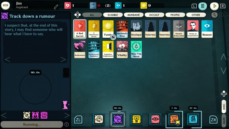 A Cultist Simulator board with lots of cards. action clocks, and some text discussing a tracking down a rumour