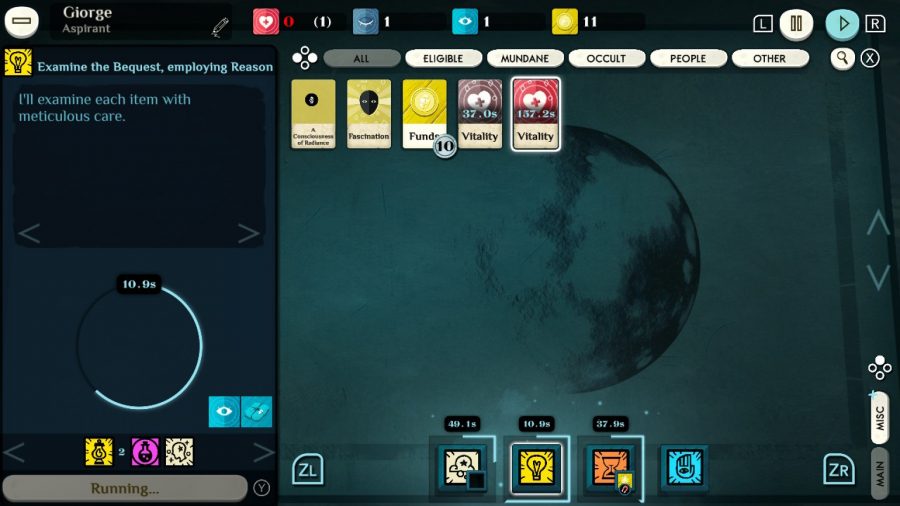 A Cultist Simulator board with few cards, four action clocks, and some text discussing examining a package of items