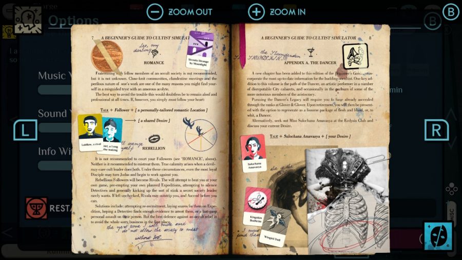 The stylised tutorial book for Cultist Simulator, covered with ink, notations, and hand-drawn diagrams