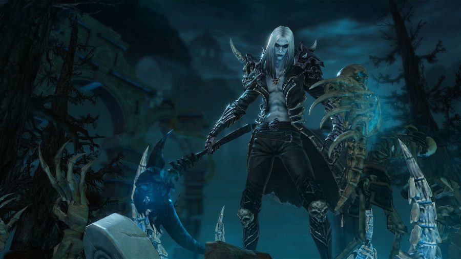 The Necromancer in Diablo Immortal, posing in a cemetery wielding a scythe