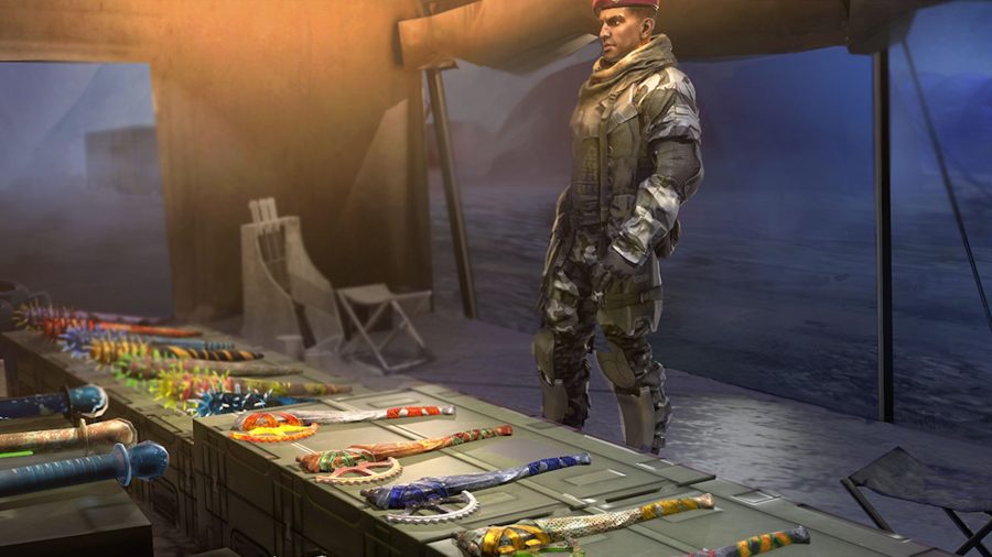 A FAU-G commando looking at a variety of melee weapons