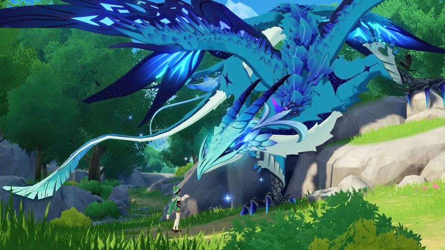 Venti in Genshin Impact talking to a massive blue dragon in a scenic forest