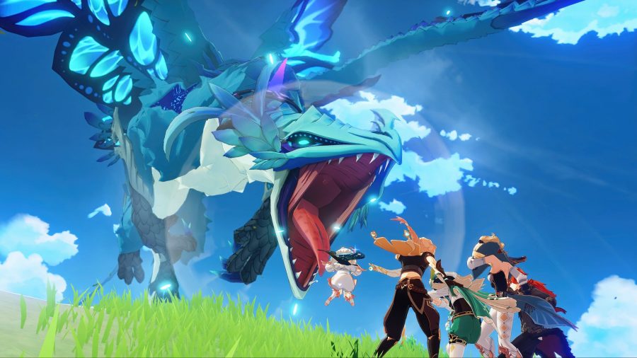 A blue dragon roars at various Genshin Impact characters