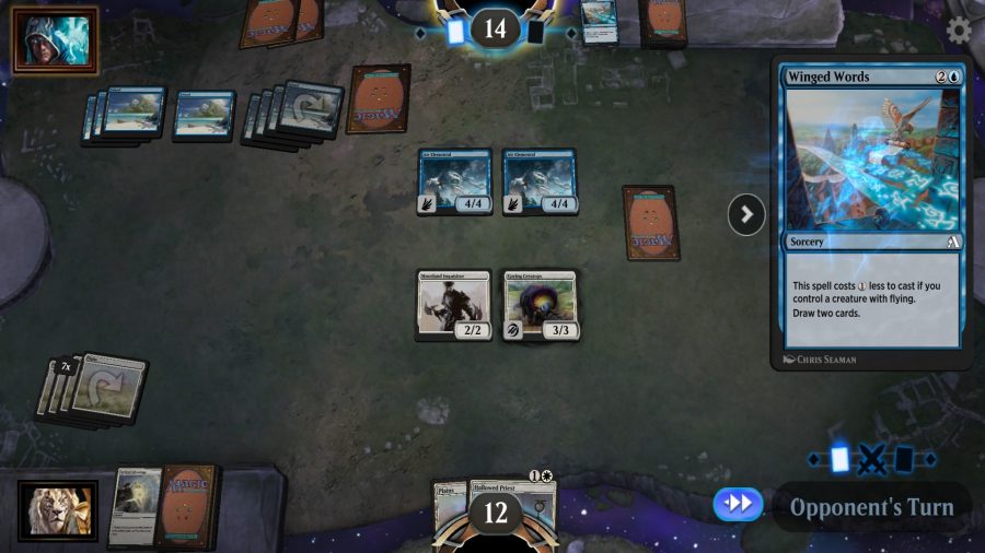 A battle-board for Magic: The Gathering Arena on mobile, with 'winged words' card highlighted on the right side
