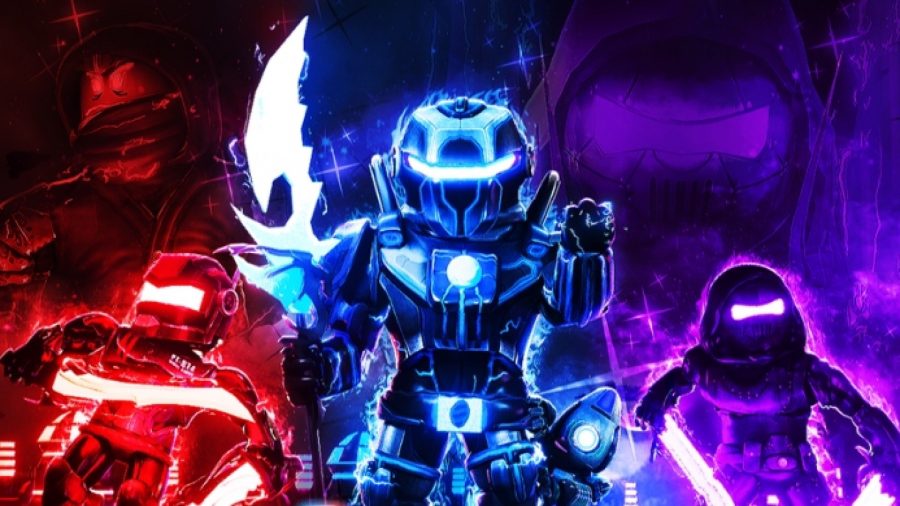 A red warrior, a purple warrior, and a blue warrior all wield different weapons wearing high tech armour