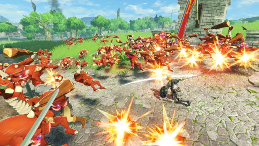 Link attacking a swarm of Moblins with a sword and shield