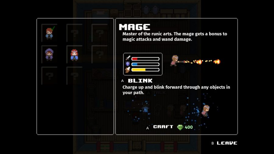 A screen displays the mage class, explaining special abilities