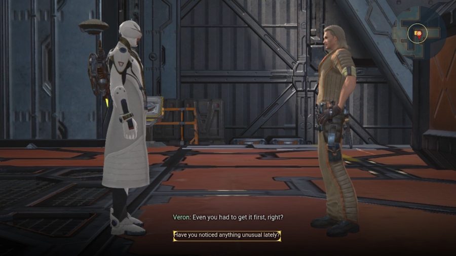 A paladin conversing with an NPC inside a factory in Skyforge on Switch