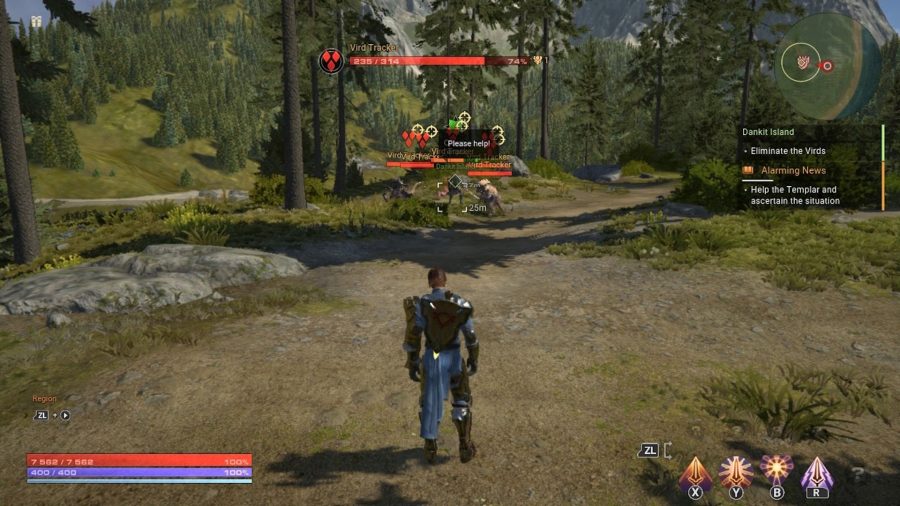 A paladin approaching a group of enemies in a forest in Skyforge on Switch