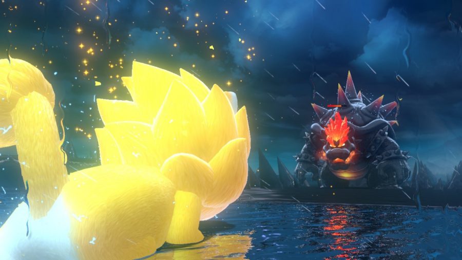 Giant Mario facing off against Bowser