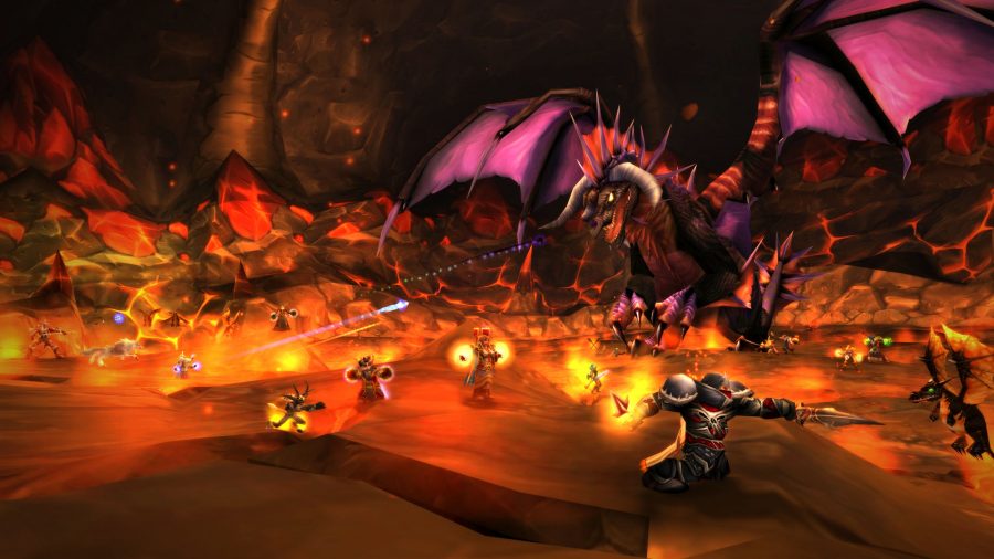 A group of players fighting a dragon in a raid in World of Warcraft Classic