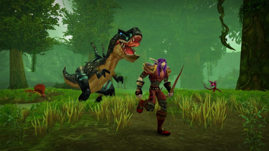 A night elf running from a dinosaur in World of Warcraft Classic