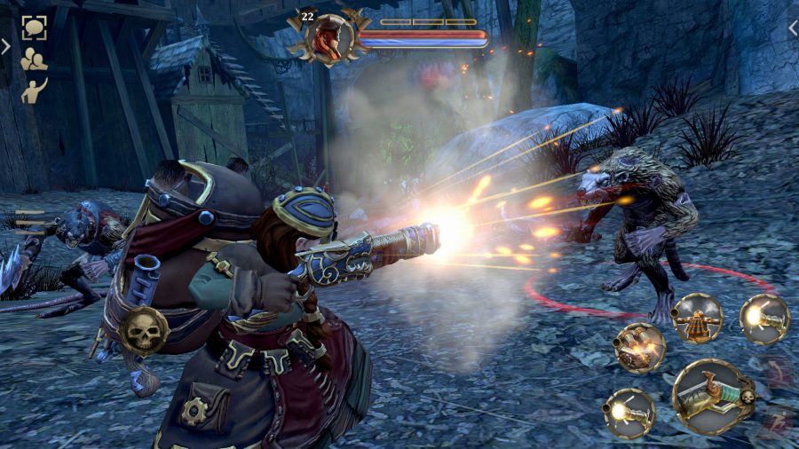 An Engineer firing her rifle at an enemy in Warhammer: Odyssey