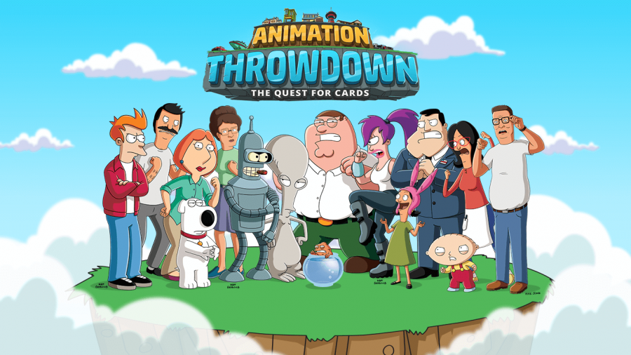 A promotional image for Animation Throwdown featuring a cast of characters from popular adult animation, including Futurama, Family Guy, and Bob's Burgers