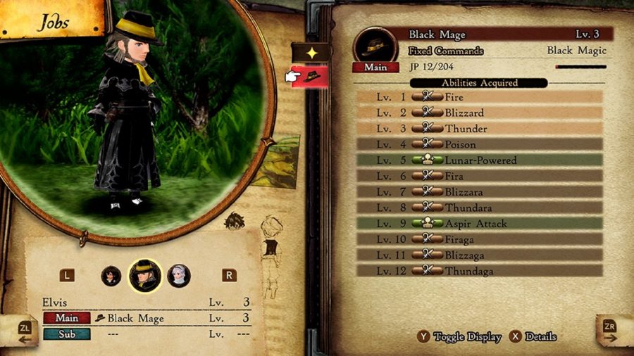 The black mage job screen in Bravely Default 2