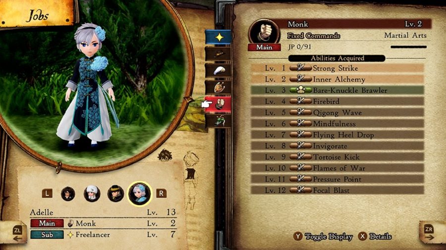 The monk job screen in Bravely Default 2