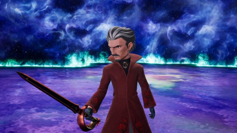 A red mage in front a blue flaming background