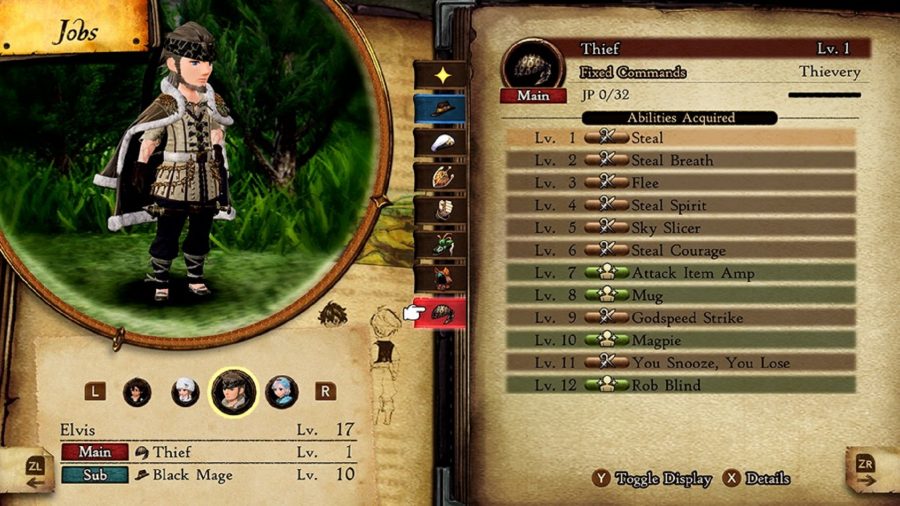The thief job screen in Bravely Default 2