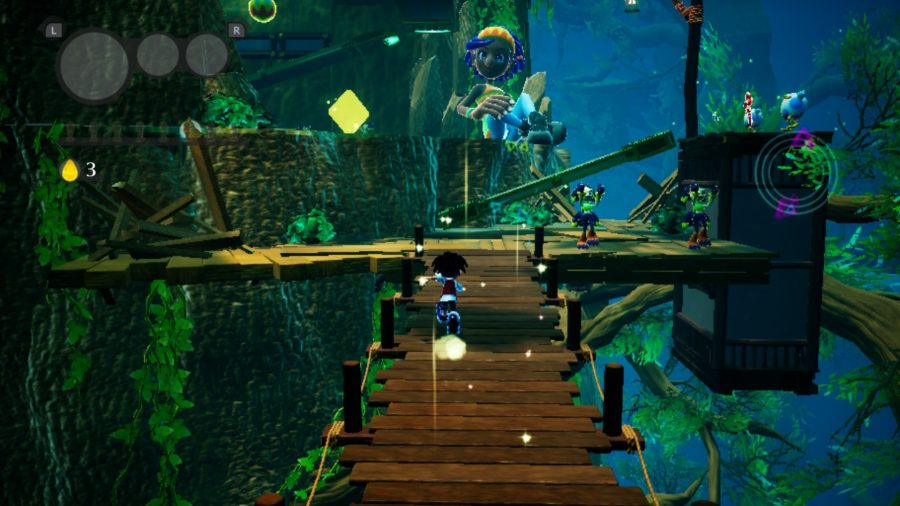 A jungle level featuring a wooden bridge