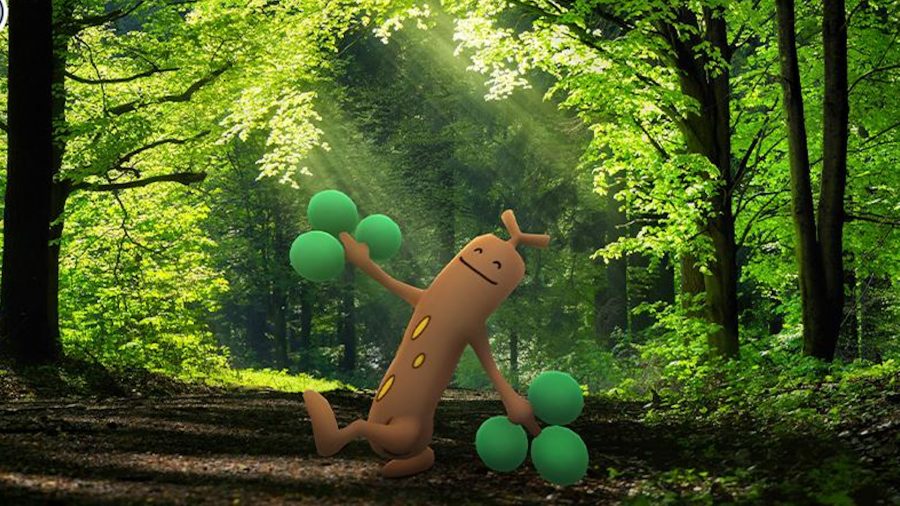 A Sudowoodo walking through the forest