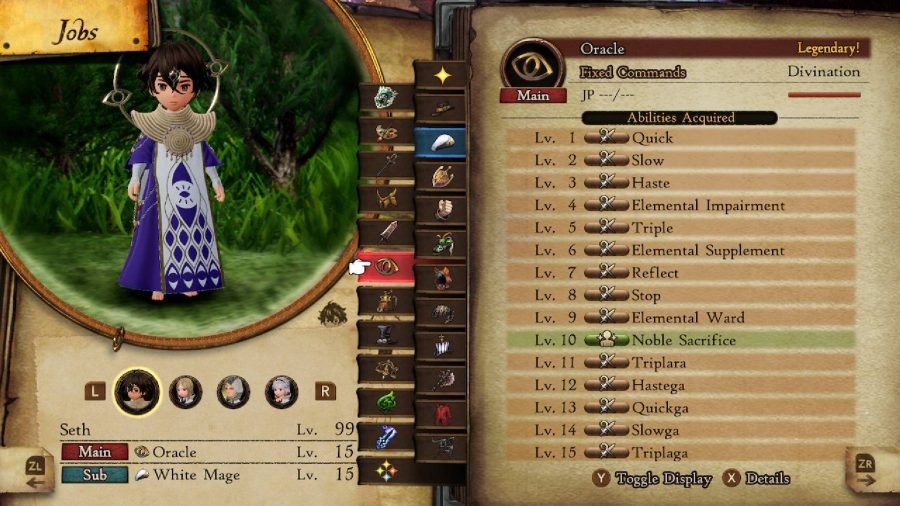 A player is shown with the job Oracle equipped, as well as different stats and abilities being displayed on a menu