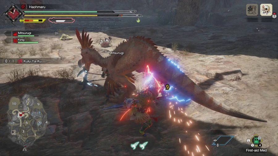 Attacking a Kulu-Ya-Ku with one of Monster Hunter Rise's dual blade builds that uses the paralysis ailment.