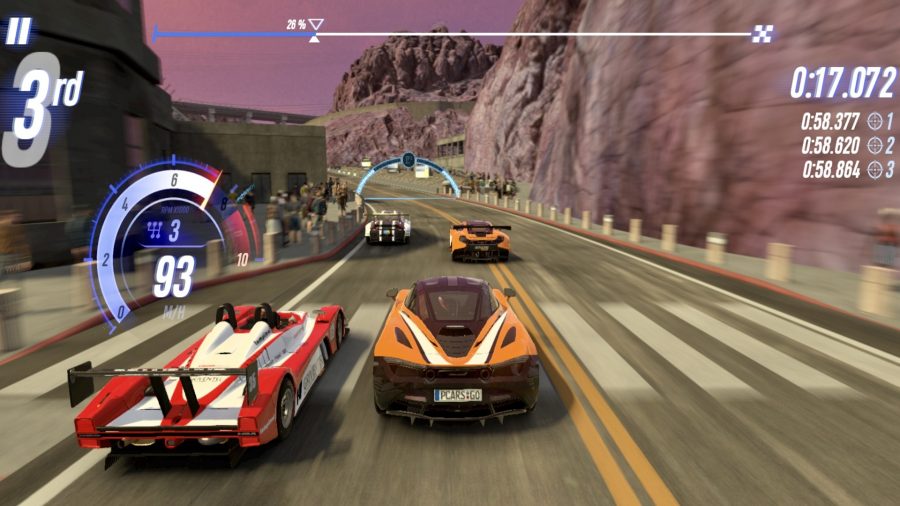 Four cars racing through the mountains