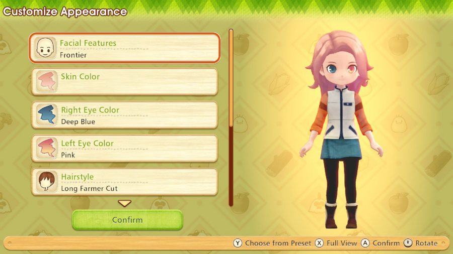 The Story of Seasons character customisation screen