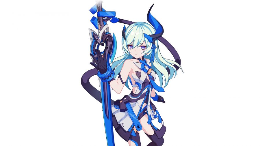 Liliya v modrom oblečení s mečom