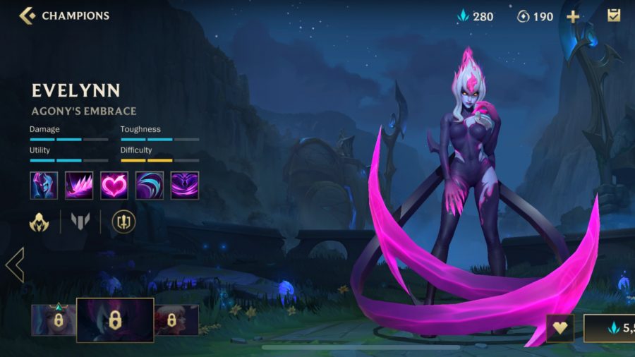 Evelynn's character profile featuring her stats