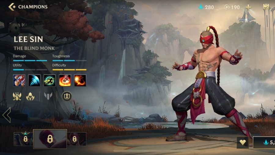 Lee Sin's character profile page featuring his stats