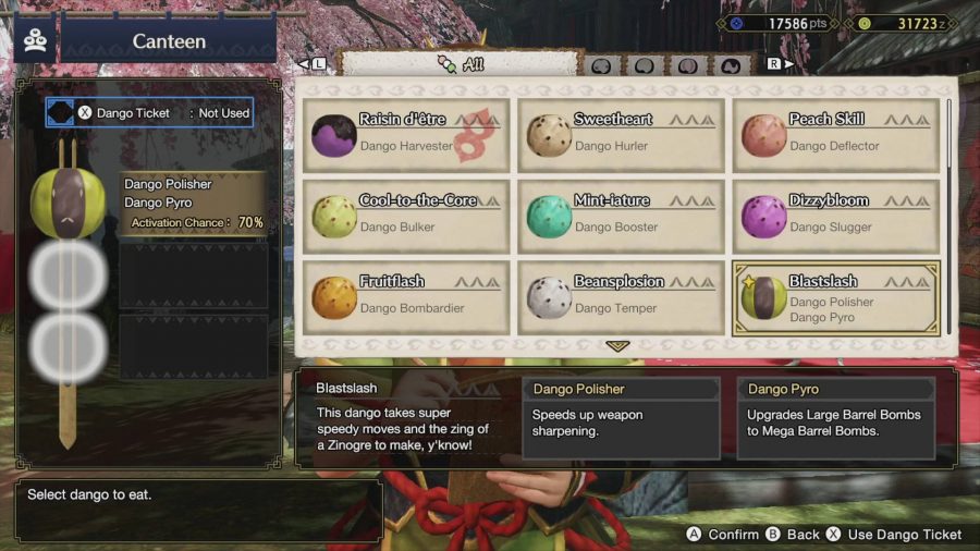 A list of all the Dango on offer for your loadout in Monster Hunter Rise.