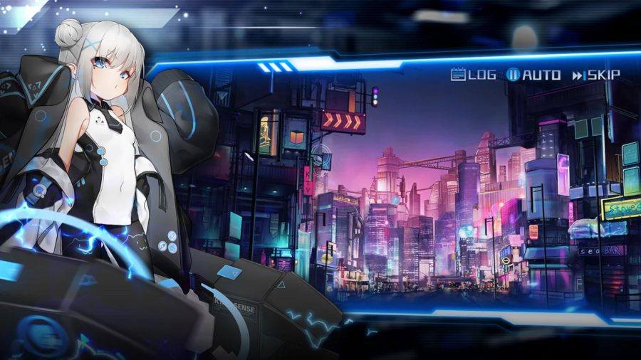 Kingslave character in mecha suit stood in front of a neon cityscape