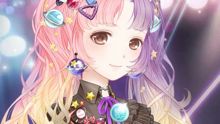 Nikki with pink and purple hair in bunches, space themed hair accessories, and lollipop that looks like a planet