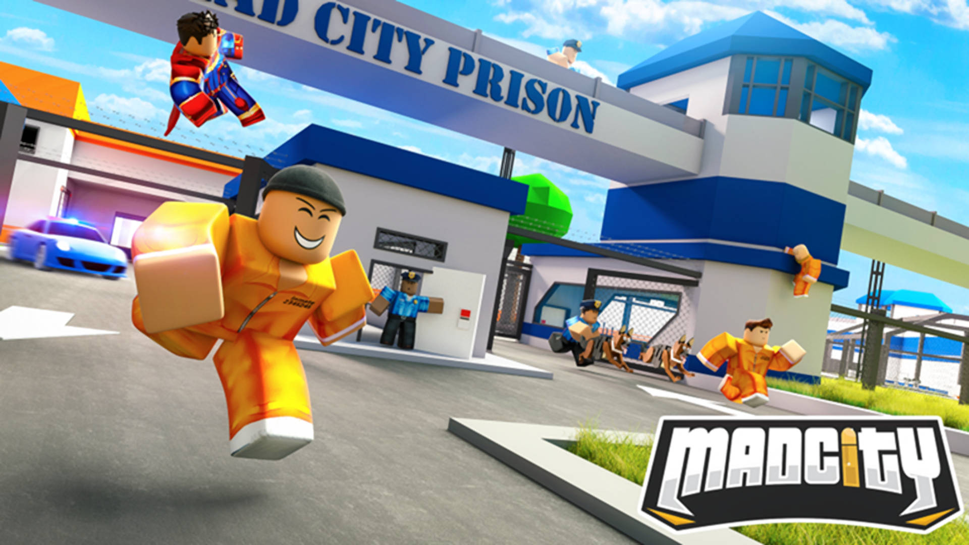 Criminals running from City Prison as they are chased by superheroes and police