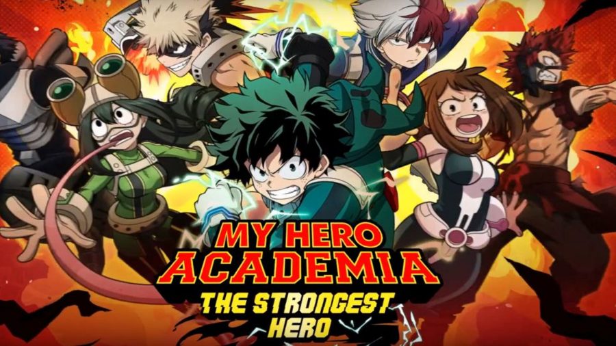 A group of heroes in battle poses, with Deku clenching a fist at the front. The game logo is at the front.