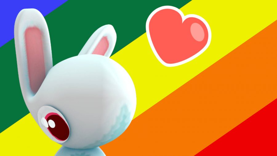 Bunny on rainbow flag with a heart in front of it. 