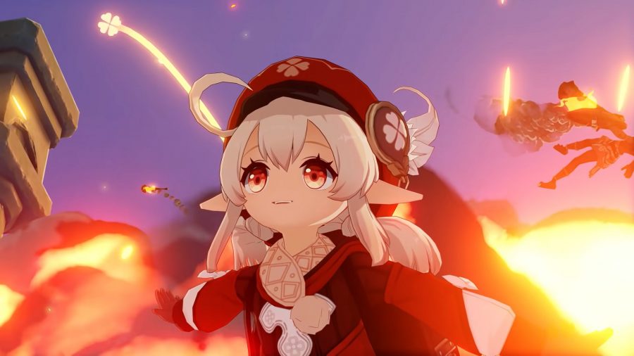 Genshin Impact's Klee with a big smile on her face and an explosion behind her