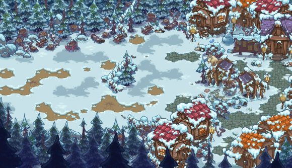 snowy mountain village with huts