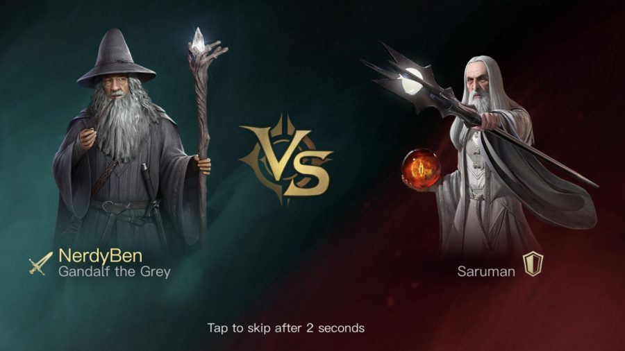 A loading screen featuring Gandalf and Saruman